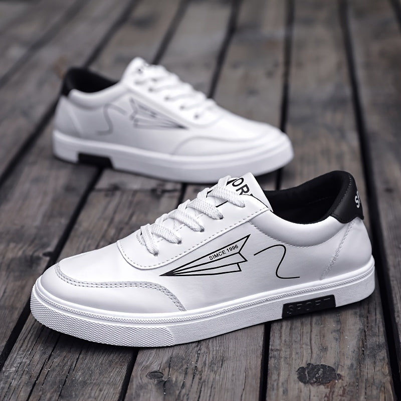 Men's fashion skateboard shoes with paper airplane pattern, low-top lace-up sneakers, comfortable non-slip sole, faux upper, fabric lining, round toe for outdoor activities all year round.