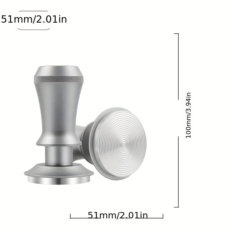 Coffee Tamper with 51/53/58mm Calibrated Size and Spring Loaded Design, Featuring Flat Stainless Steel Base in Black and Silvery Colors. Includes Two Springs for Firm and Even Tamping.