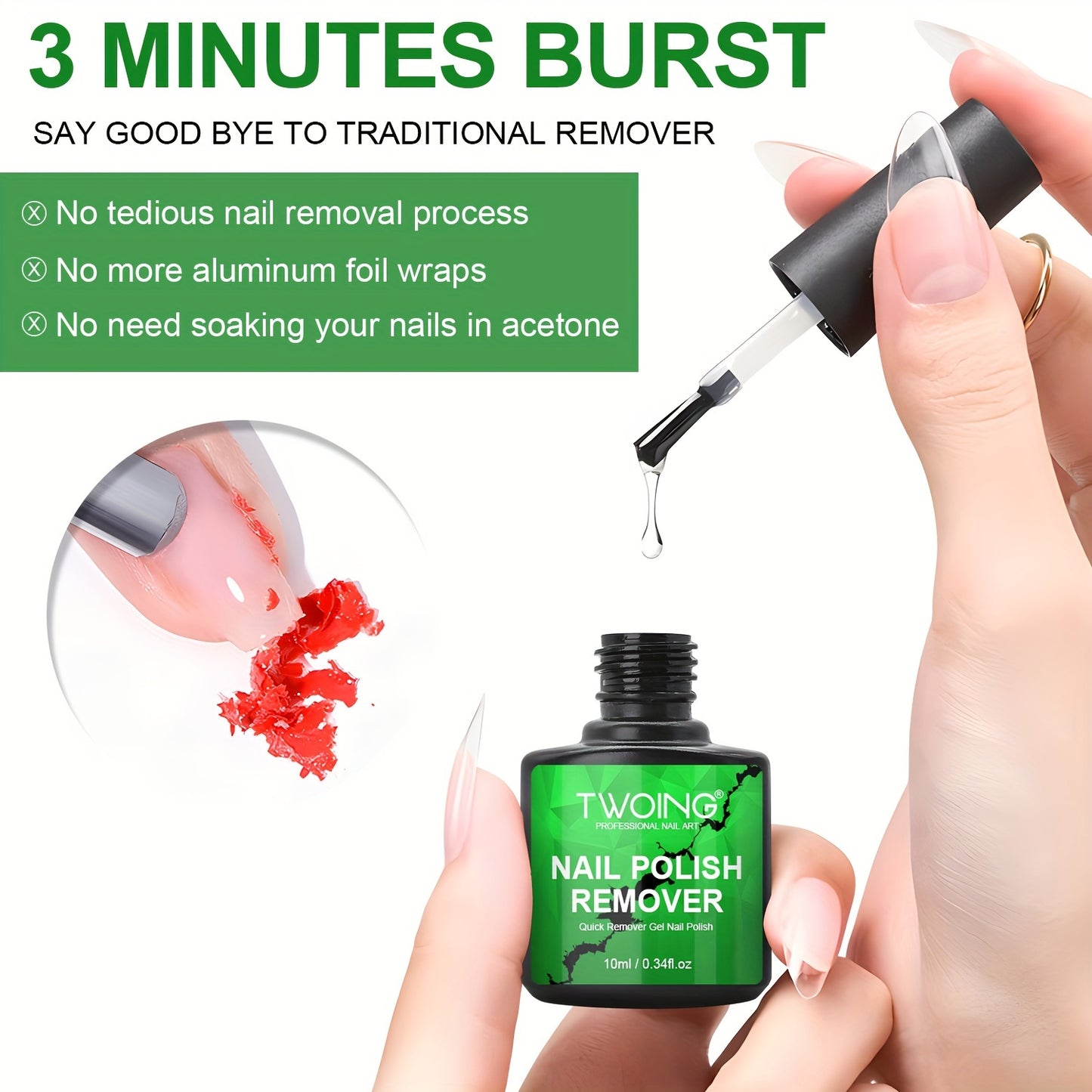 TWOING Professional Nail Art Gel Nail Polish Remover removes UV gel polishes in 2-3 minutes without soaking or wrapping nails.