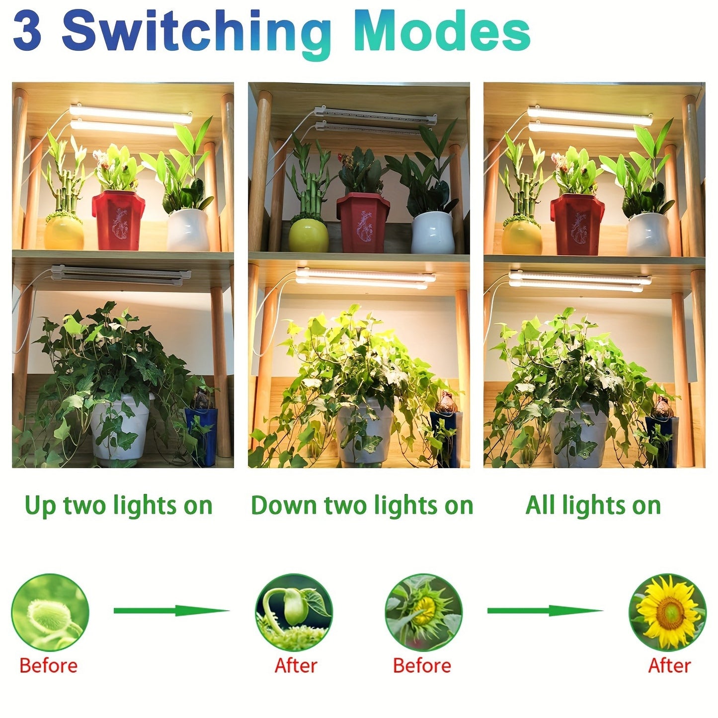 HOTU 124 plant grow lights are adjustable and USB powered, with automatic timer (3/9/12H) and dimmable settings for greenhouses and seedlings. Adapter not included.