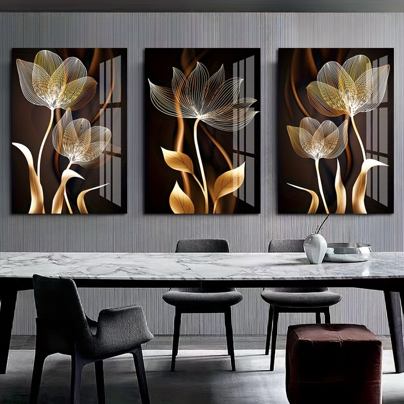 Modern abstract black brown and golden flower picture set, luxury wall art canvas painting for living room decor, frameless.