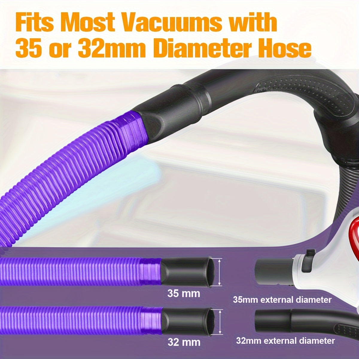 The kit for cleaning dryer vents comes with a vacuum hose attachment and includes adapters for both 32mm and 35mm. It is compatible with most handheld vacuums and includes a lint remover. The kit is colored purple.