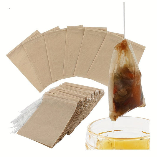 Disposable paper tea filter bags with drawstring, unbleached and safe for loose leaf tea and coffee. These 100pcs tea infuser sachets are made with strong penetration for easy brewing.