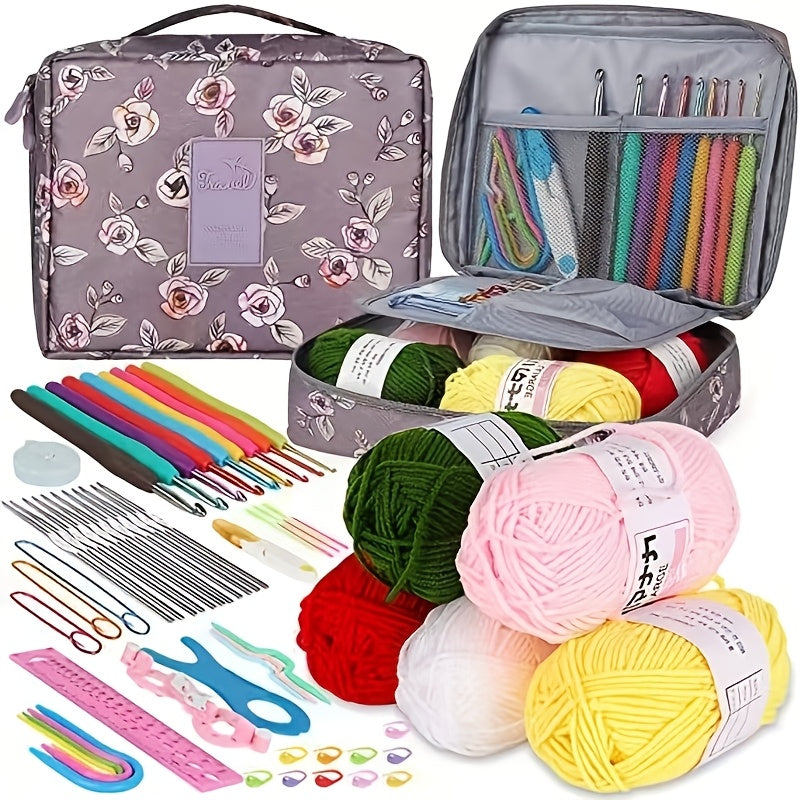 Beginner crochet kit with yarn, hooks, and storage bag in vibrant colors (royal blue/pink/purple) - all-season crafting set.