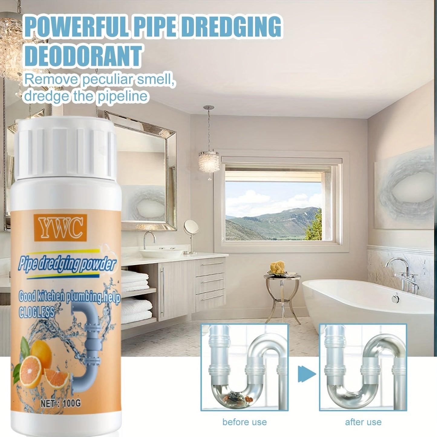 1 piece of Pipe Dredging Powder for effectively dissolving blockages in toilets, toilet floor drains, kitchen sewers, and oil blockages while also deodorizing the area. This multipurpose product is perfect for unclogging toilets, toilet floor drains