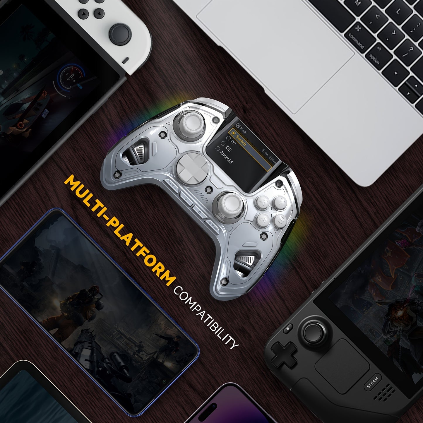 Wireless gaming controller for various devices with Hall Effect stick and trigger, RGB lighting, remappable buttons, and charging dock.