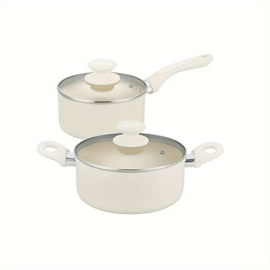 Set of saucepans with lids made of ceramic that prevents sticking - includes sizes 1.5 and 3 quarts, featuring stay-cool handles, suitable for induction cooking, free of PFOA and PFAS, ideal for use in homes and restaurants.