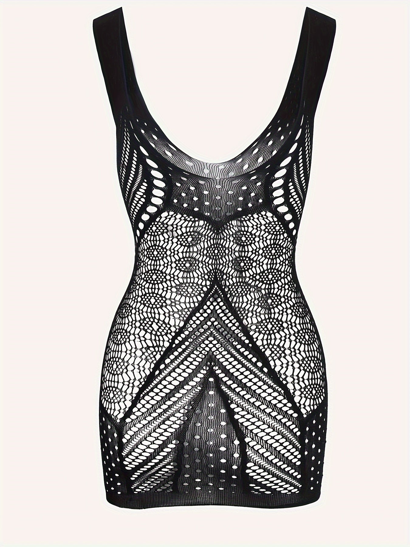 Sultry see-through mesh dress with plunging neckline, perfect for sexy lingerie or underwear.