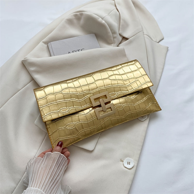 Stone textured clutch made of small synthetic leather, magnetic buckle closure, various colors.