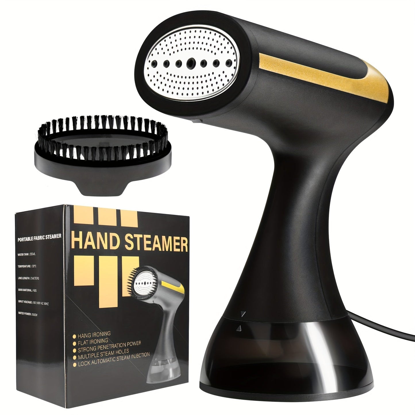 Compact and powerful 1500W handheld garment steamer with quick heat-up feature and 10.14oz tank capacity. Removes wrinkles from clothes and includes brush attachment. Perfect for home, travel, and RV use.