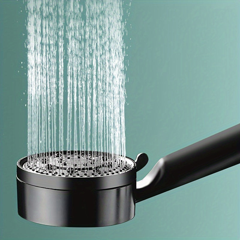 Handheld shower head with 5 water flow modes, bracket, hose, and five golden accessories.