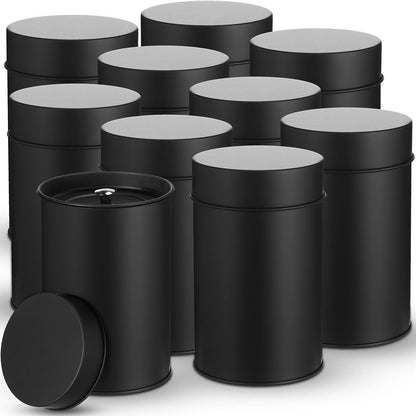 Set of 12 High-Quality Black Metal Tea Canisters with Secure Double-Sealed Lids, 16oz Capacity - Perfect for Loose Leaf Tea, Coffee, and Spices - Sturdy and Eco-Friendly Tin Storage Tins, Safe for Food Storage with Easy-to-Open Screw-On Lids