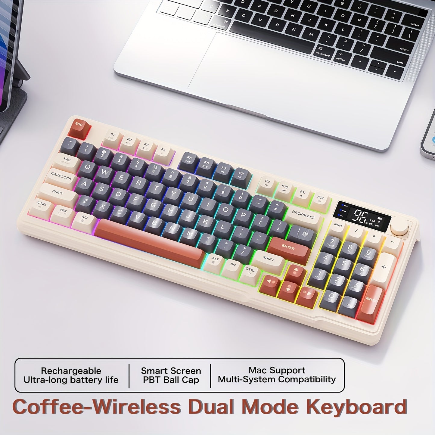 ZIYOULANG Dual-Mode BT Wireless Keyboard with Backlit Ergonomic PBT Ball Cap and Rechargeable Battery, USB Type-C Charging