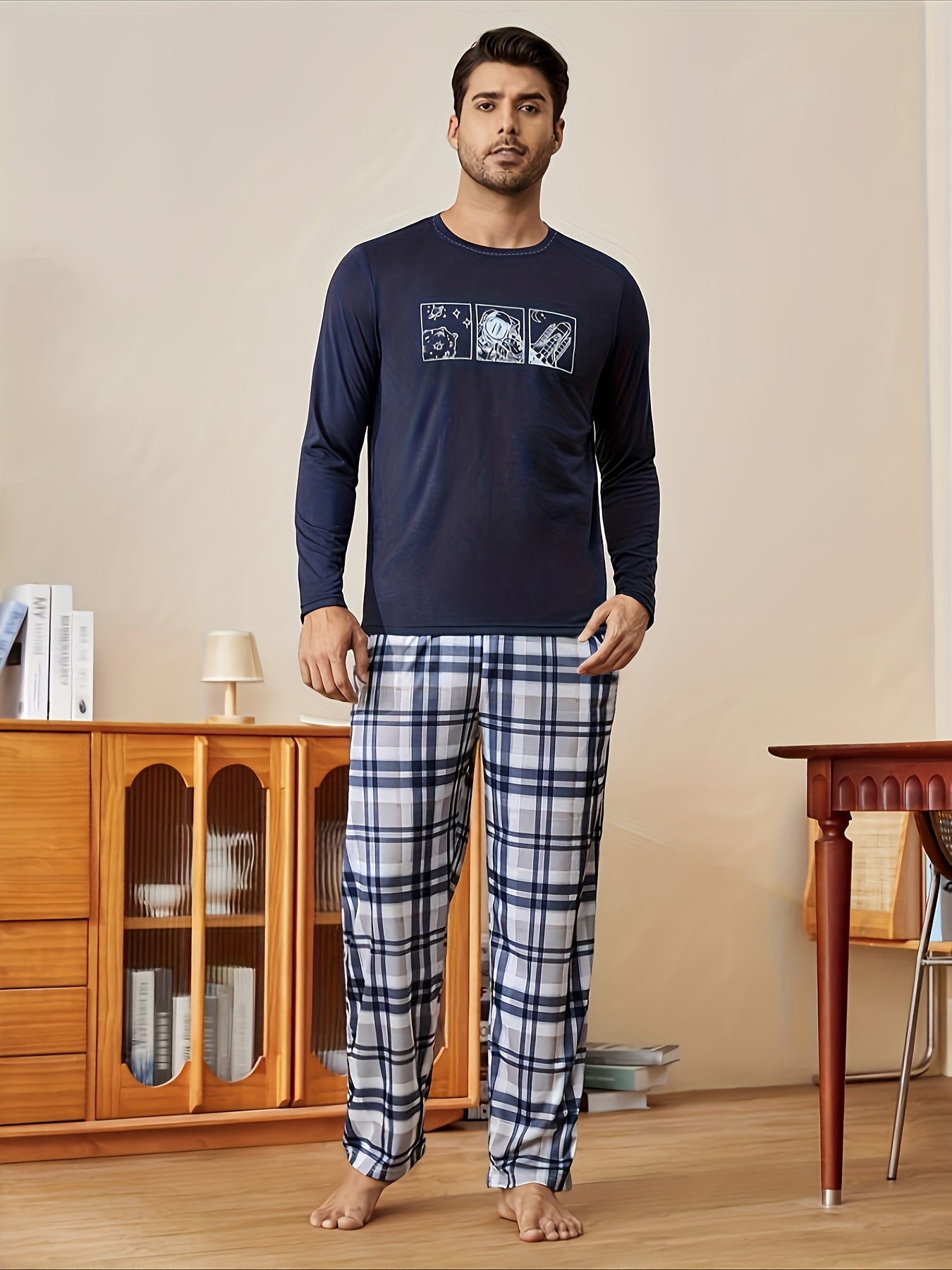 Men's Galaxy Print Crew Neck Pajama Set - Polyester Knit with Elastane, Cozy Plaid Long Sleeve Loungewear for Fall/Winter