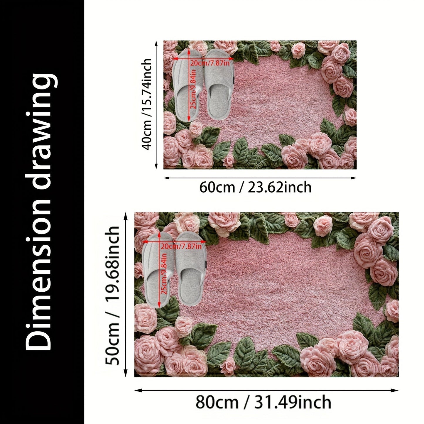 Stylish Pink Rose Non-Slip Bath Mat - Machine Washable, Low Profile with TPR Backing, Knitted Fabric for Bathroom, Bedroom, Kitchen & Entryway - Ideal for Winter Home Decor, Suitable for Outdoor Areas