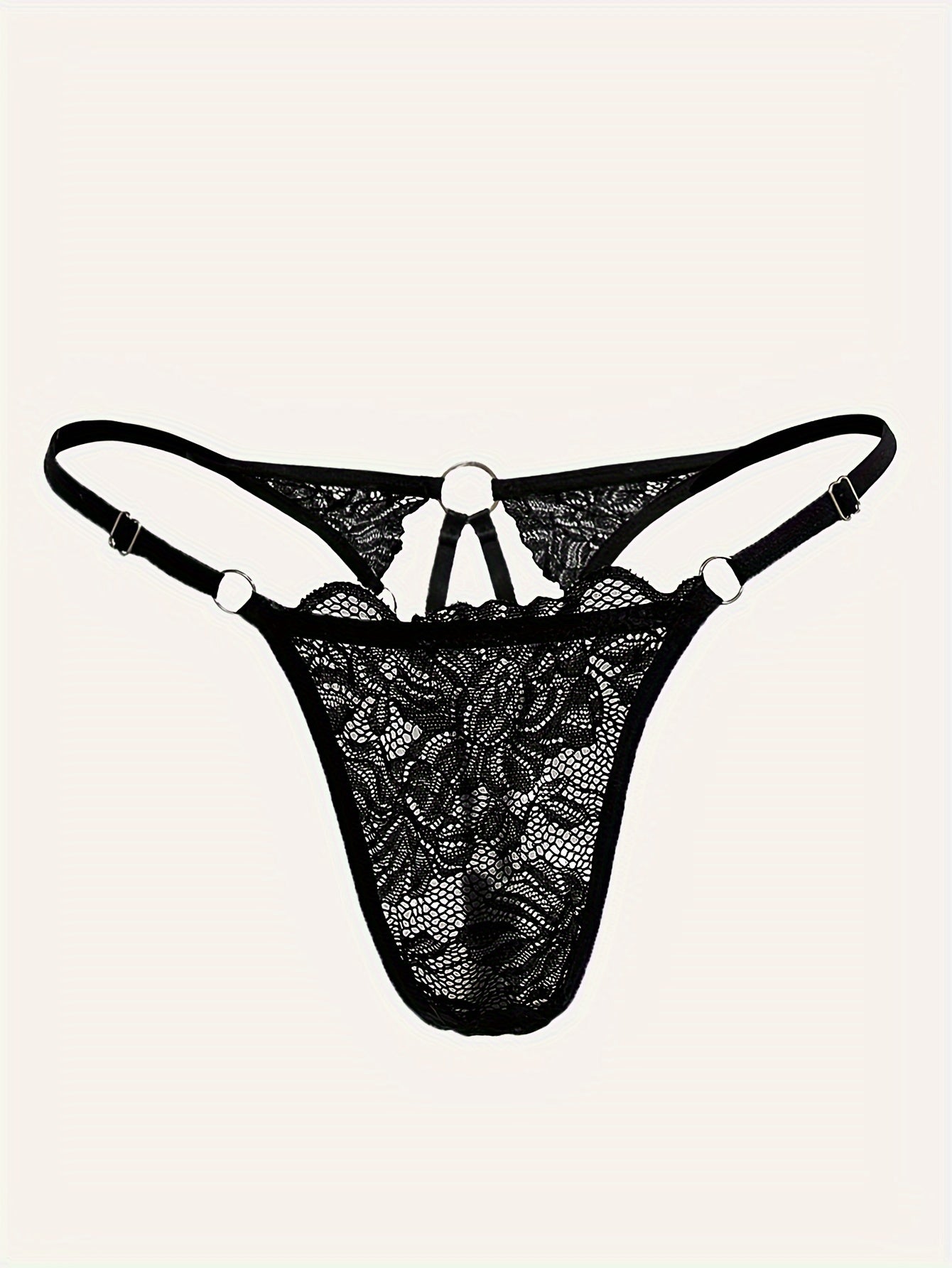 Lace thong with metal ring and see-through design