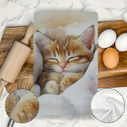 This collection includes 2 ultra-soft kitchen towels with a delightful design of a waking kitten, known for its gentle purring. These towels are highly absorbent, perfect for drying dishes, and can also be used as holiday decorations. They are machine