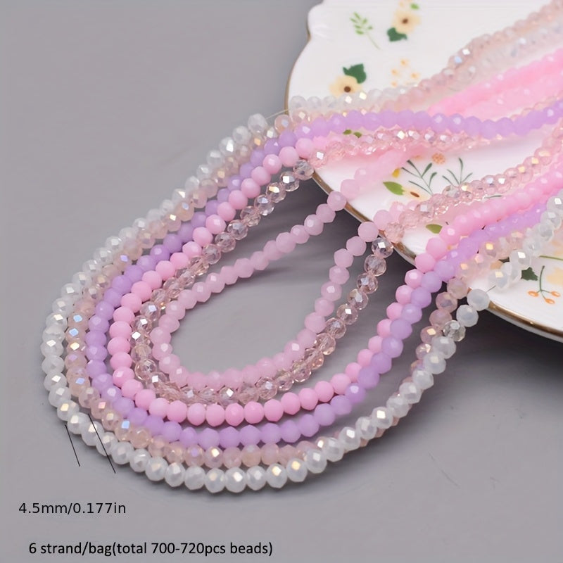 720 pieces of faceted glass rondelle beads measuring 4mm each, sold in a convenient bag. Perfect for crafting jewelry, DIY projects, and adding embellishments to clothing items such as necklaces, bracelets, and more.