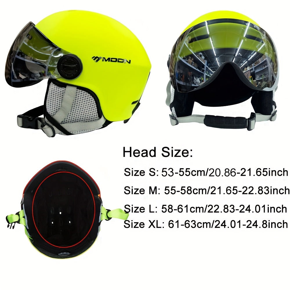 Moon Ski Helmet with Goggles offers all-around protection for outdoor sports like snowboarding and skateboarding. Features include a PC+EPS construction, universal fit, integrated visor