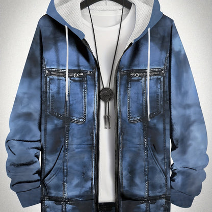 Z1005 Plus Size Men's Hooded Jacket with Digital Print Faux Denim, Elastic Polyester Knit, Full Print Design, Regular Fit for Fall/Winter.