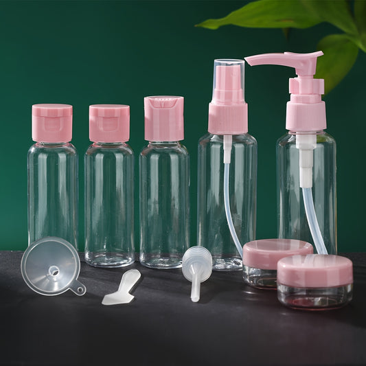 Travel size set includes 10 empty refillable bottles for toiletries with accessories.