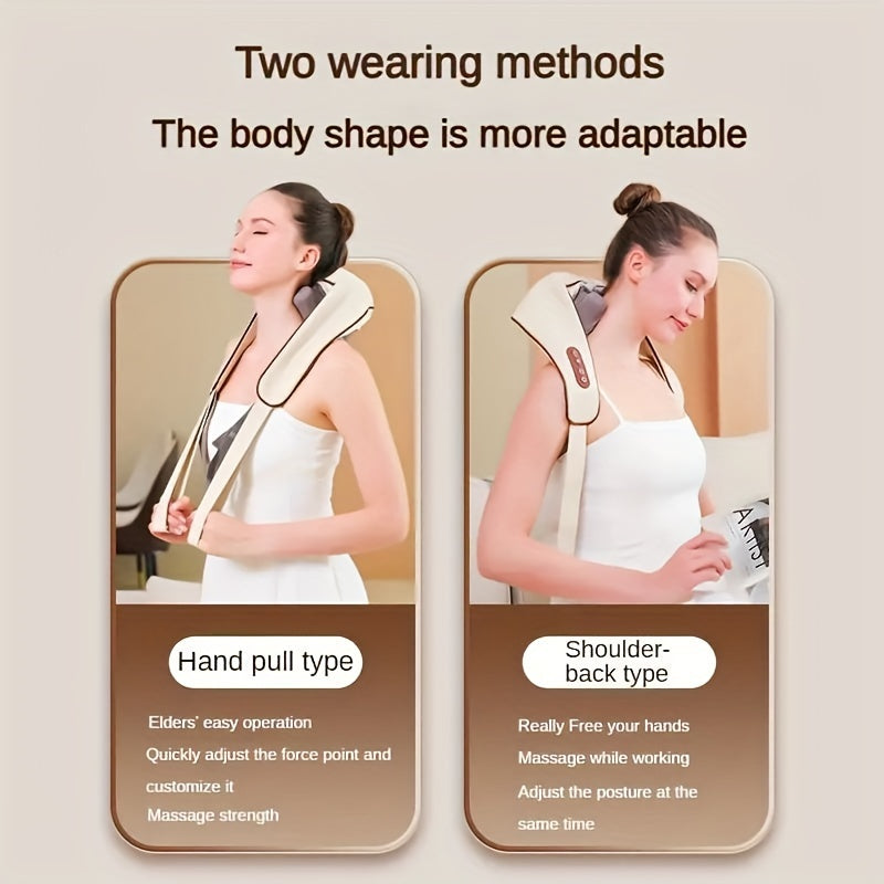 Wireless massage device with adjustable strength and heat compress for shoulder and neck relief, suitable for home and travel.