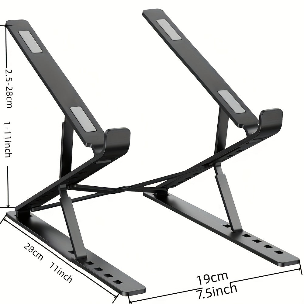 Portable and foldable adjustable aluminum laptop stand for MacBook, PC, tablet, and notebook with secure clamp design. Made of durable aluminum alloy construction. Ideal for office desks.