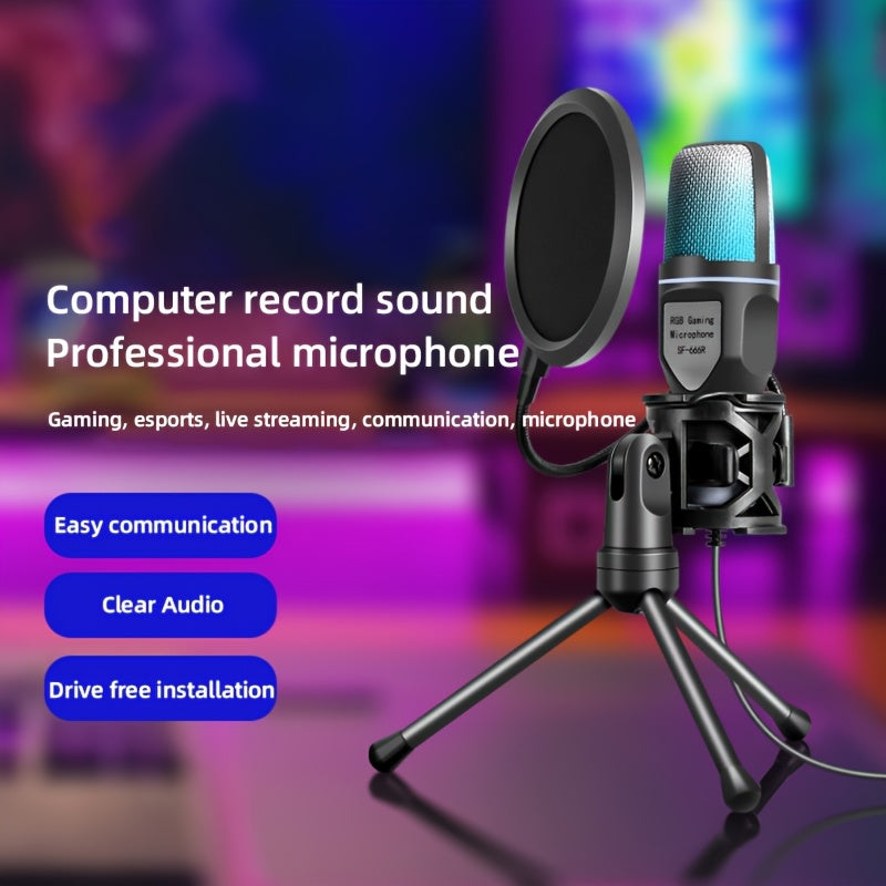 USB condenser microphone with fast mute function, tripod, RGB indicator light, shock absorber, and rotary gain button for gaming, podcast videos, streaming, and compatible with PS4/PS5/PC.