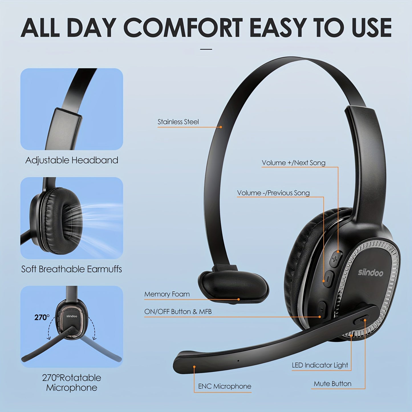 SIINDOO Wireless Noise-Canceling Headset in Black, with Mic, Rechargeable 400mAh Battery, USB-C Charging, Perfect for Office, Business, Truck Drivers. Great for office communication