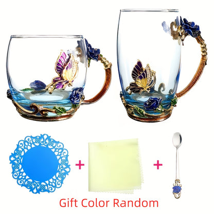 Rose enamel crystal tea cup with butterfly and rose design, includes spoon, clear glass.