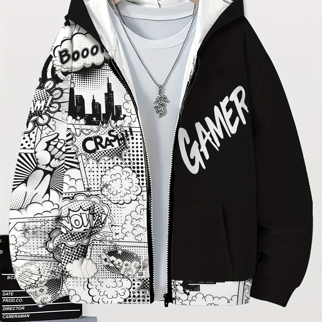 Boys' black and white gamer graphic hoodie with zip-up front, pockets, and cool print design for fall/winter casual wear. Playful style for teens, machine washable fabric.