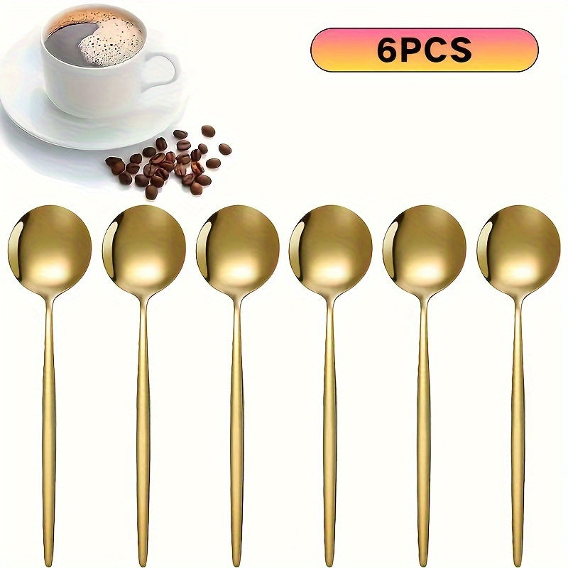 Get a set of 6/12 Gold-Tone Stainless Steel Dessert Spoons, ideal for use with coffee, tea, and other beverages. They are dishwasher safe, making them convenient for use in both home kitchens and restaurants. Perfect for special occasions such as