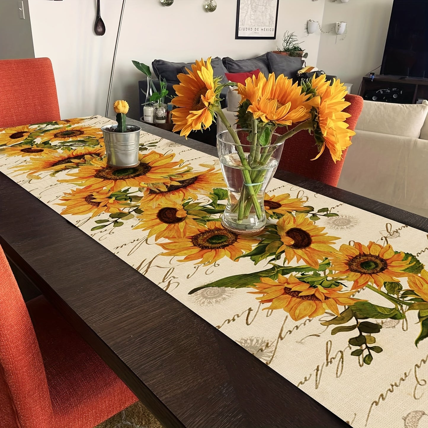 1pc Fall Sunflower Table Runner, Oil and Stain Resistant. Perfect for Home and Restaurant Use. Ideal for Seasonal Floral Decor in Kitchen or Dining Room.