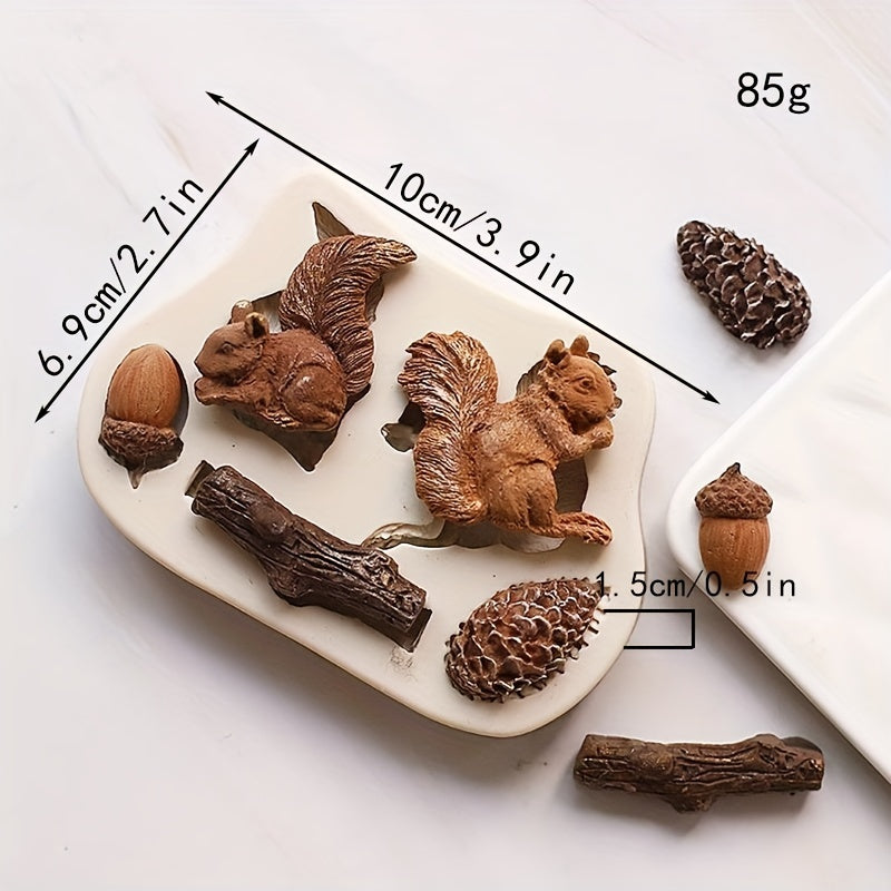 Forest Chocolate Mold featuring one piece design. Squirrel, mushroom, and pine cone shapes made of high-quality silicone material. Perfect for creating cute kawaii animal candies, fondants, and biscuits. Ideal for DIY cake decorating, this versatile mold