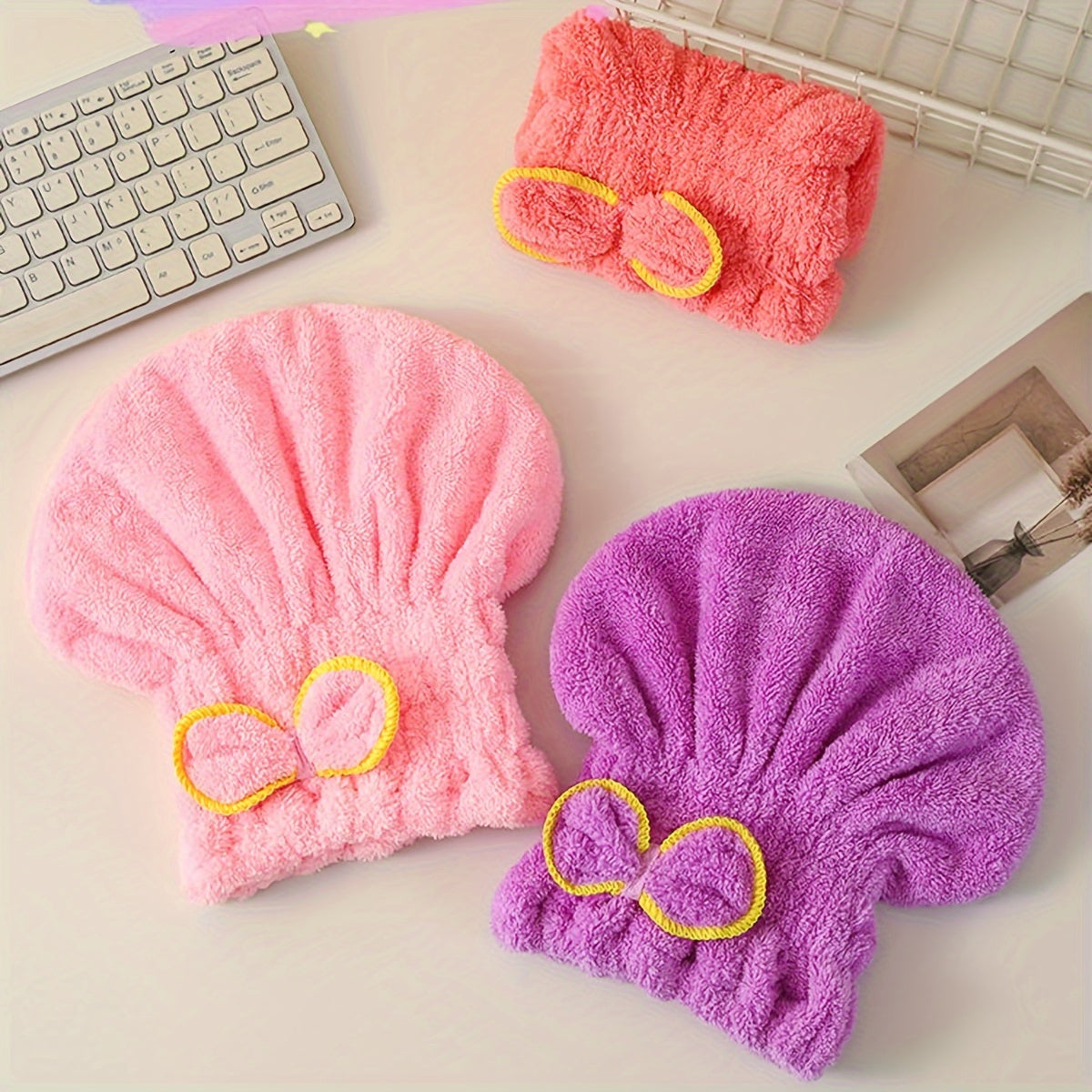 Soft microfiber hair towel wrap with ribbon - quick dry, super absorbent shower cap for women and girls.