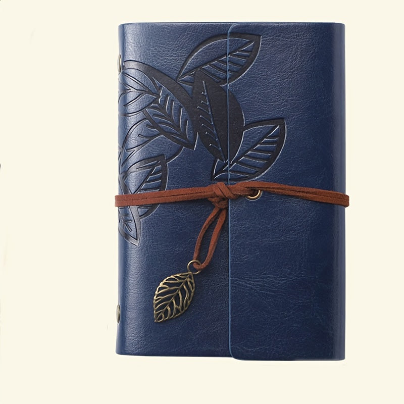 Vintage spiral-bound faux leather notebook with leaf-embossed design and strap closure, available in black, orange, and blue, perfect for students and travelers.