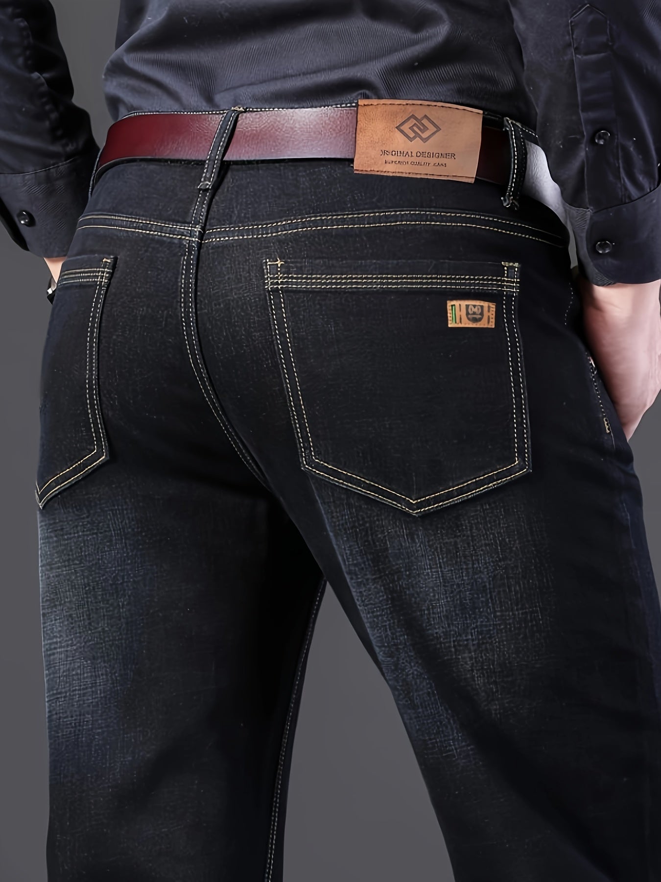 Men's solid denim jeans with a light business style, slightly stretch straight leg pants for outdoor casual daily wear.