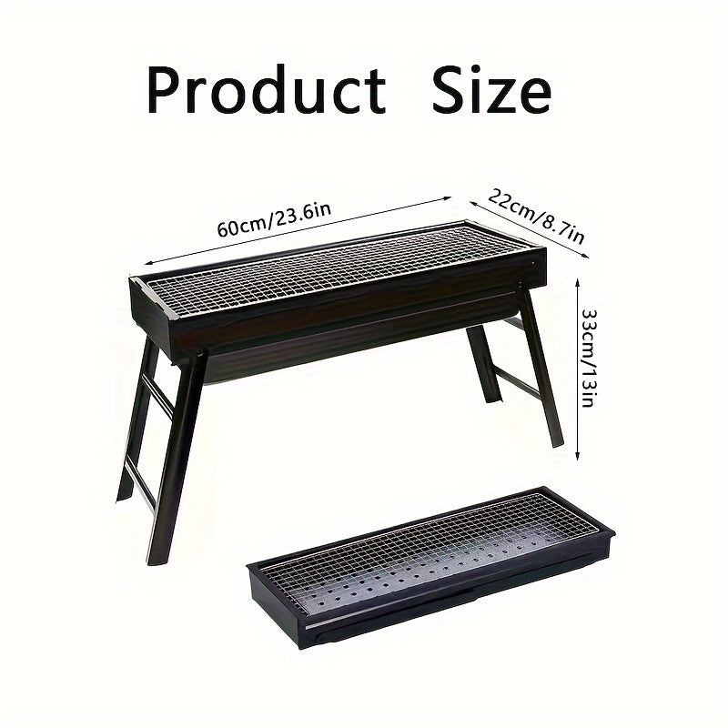 Portable folding charcoal BBQ grill with iron construction, perfect for picnics, camping, and backyard cookouts. Easy to transport and store with a black finish, ideal for grilling various