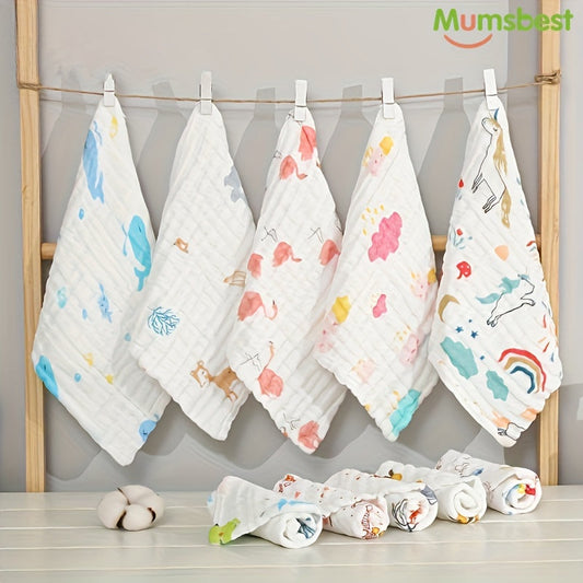 Five pieces of cotton muslin washcloths, soft face cloth for newborns. These absorbent, soft towels are gentle on sensitive baby skin, perfect for wiping, burping, or using as face cloths. Each cloth measures 29.97x29.97 cm.