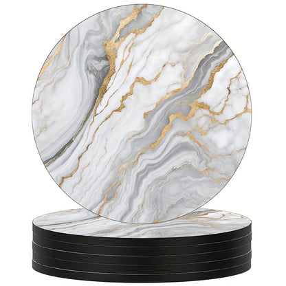 6 golden marbled coasters with absorbent rubber and non-slip backing, perfect for home decor or as a housewarming gift, each 10.16 cm in diameter.