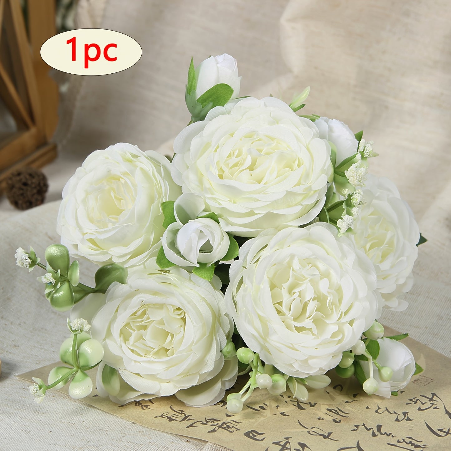 White artificial peonies bouquet for all-season home decoration, perfect for various occasions - no container included.