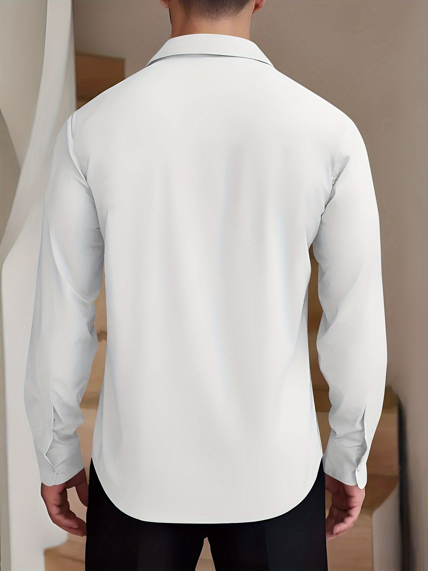 Men's professional solid color long sleeve shirt suitable for business formal and casual wear. Made of polyester, non-stretch, semi-sheer with lapel collar. Ideal for spring/fall workwear.