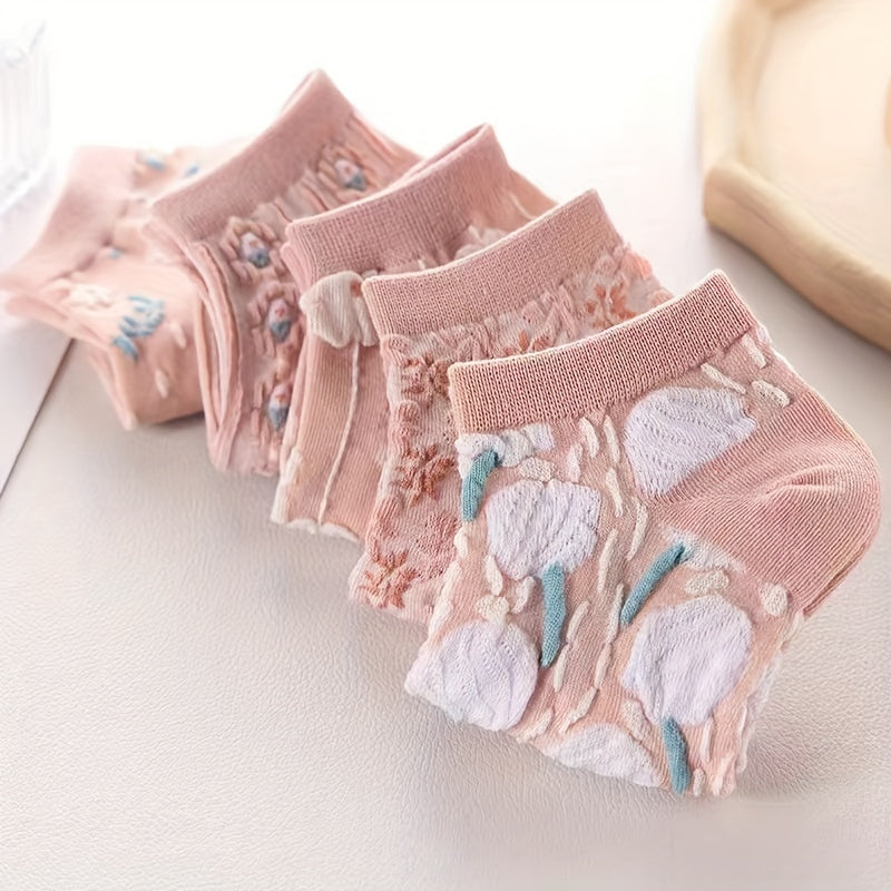 5 sheer pink floral ankle socks for women made of soft polyester with delicate flower patterns, ideal for spring and autumn.