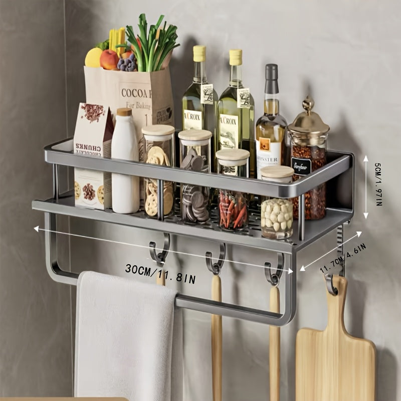 A sleek Aluminum Spice Rack featuring a polished finish, simple wall-mount installation, and versatile design for organizing your kitchen and bathroom essentials. Effortlessly store spices and other cookware with this space-saving, punch-free storage