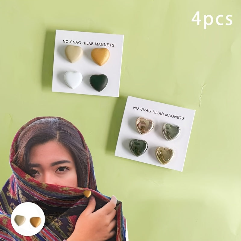 Chic Love-Shaped Hijab Magnets - Set of 4 Minimalist Alloy Pins for Scarves and Shawls, Versatile and Secure Brooches