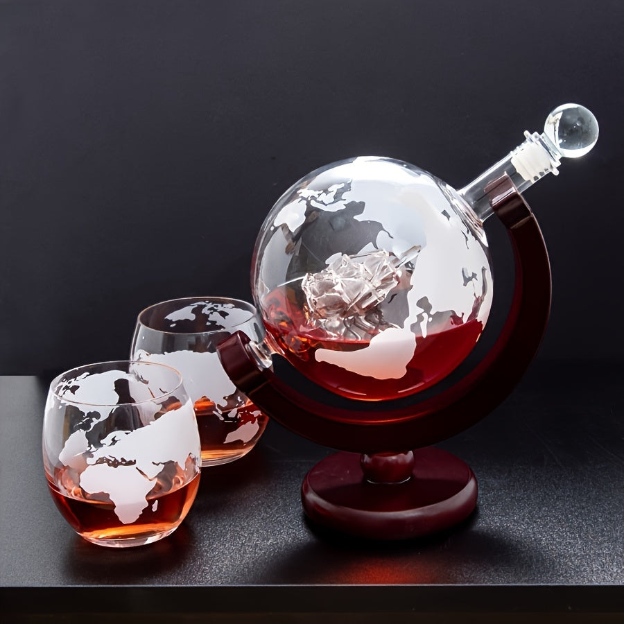 World globe whiskey decanter set with 2 glasses, featuring an etched design with ship inside. Ideal gift for whiskey lovers.