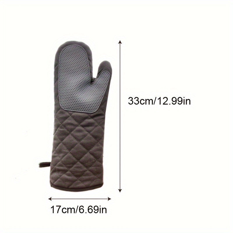 Get yourself a pair of heat resistant oven mitts with a non-slip grip, perfect for baking, grilling, and cooking. Made of a durable polyester/silicone blend, these gloves are suitable for both home and commercial use. They can withstand temperatures up