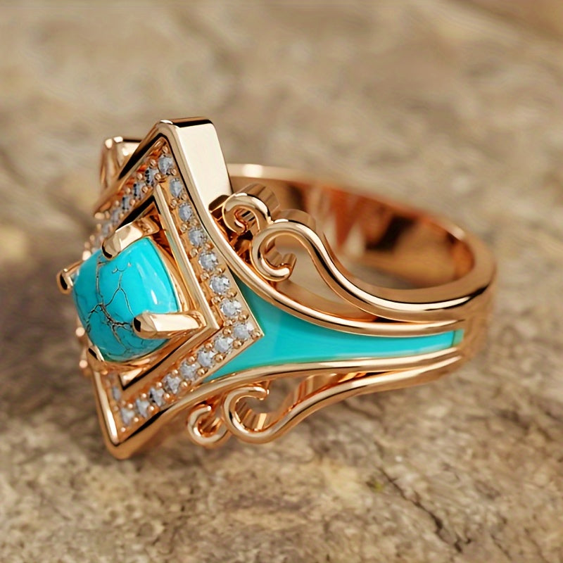 Vintage Jewelry for Women: Bohemian Glamour with Electroplated Rose Gold, Synthetic Turquoise, and Imitation Zirconia Ring Perfect for Engagement, Wedding, and Anniversary Celebrations