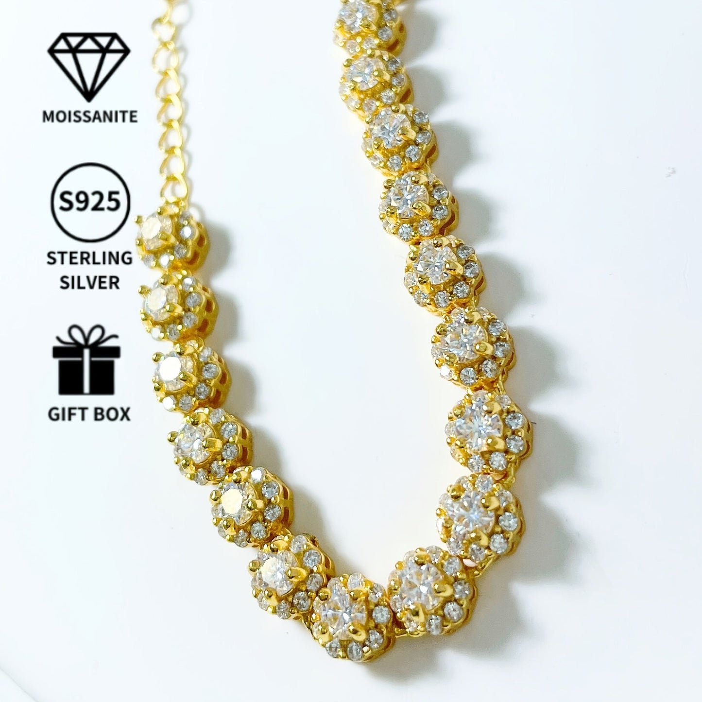 One Vintage Luxury 18K Golden Plated Moissanite Bracelet for Women, made with S925 Sterling Silver and featuring a 0.1 Carat Main Stone. Weighing 10.18g, this bracelet is perfect for weddings, banquets, Mardi Gras, and all seasons. Comes in a gift box