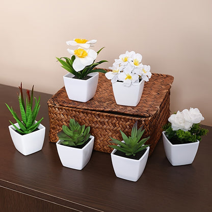 6pcs Artificial Succulents & Flowers in White Pots - Ideal for Home & Office Decor | Realistic & Versatile Mini Plants for All Seasons